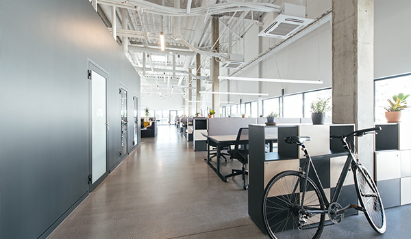 modern office interior featuring open workspace and bike stylish design with five work areas and plants
